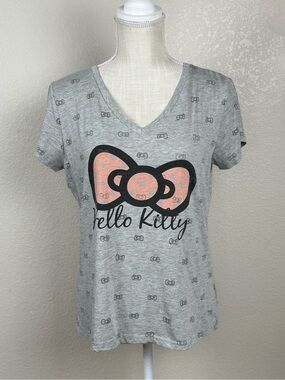 Hello Kitty Gray V-Neck Tee with Pink Bow Accent - Size Medium